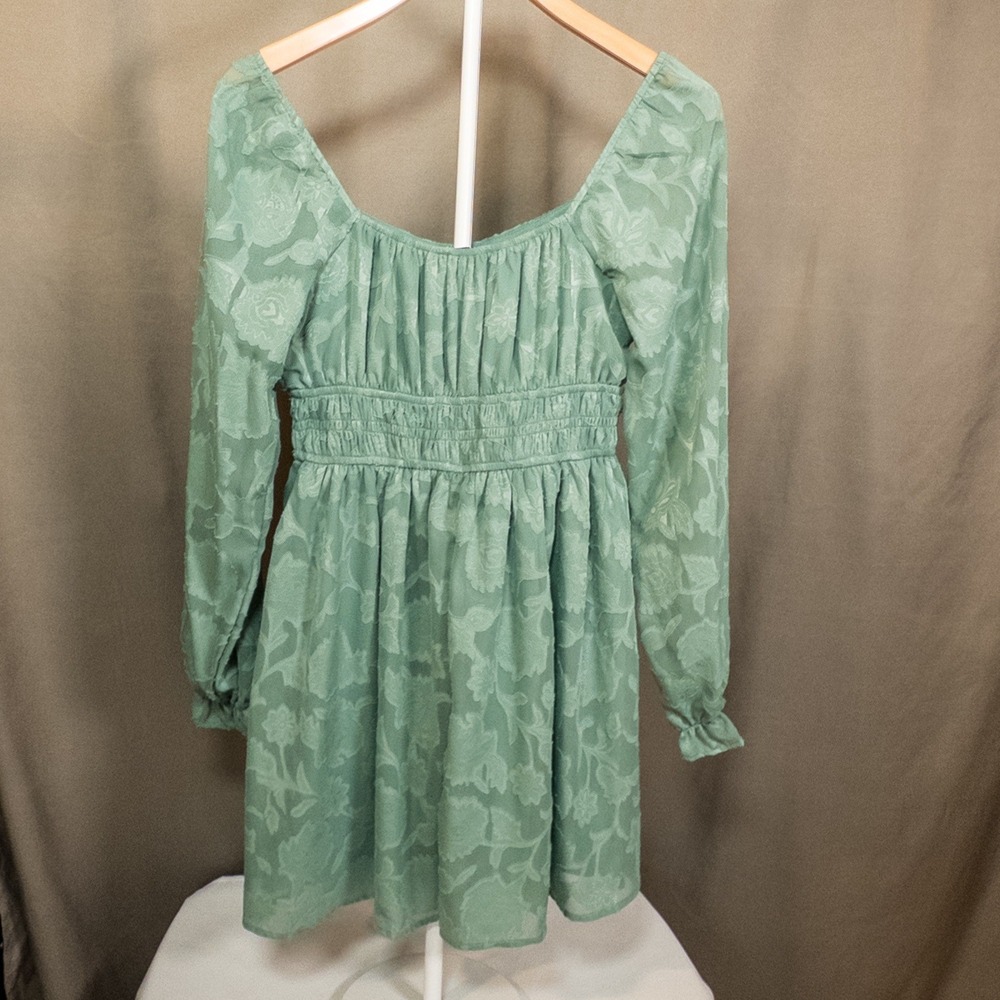 Inspired Hearts Sage Green Floral Mini Dress Long Sleeve Size Medium